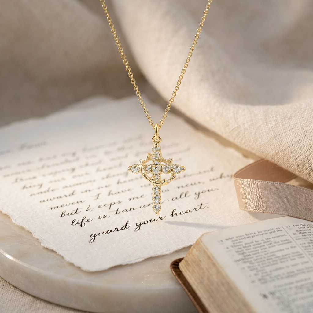 Minimalist Crown Cross Pendant Choker Necklace