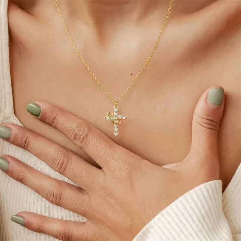 Minimalist Crown Cross Pendant Choker Necklace